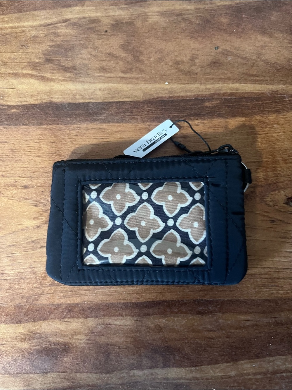 Vera Bradley Black Quilted Card Holder with Tan Patterned ID Window